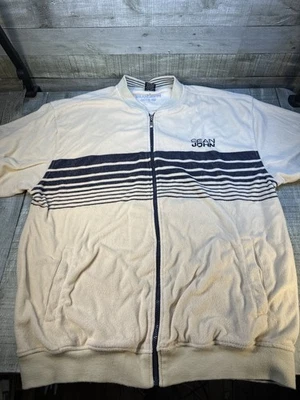 Conjunto de chaqueta y pantalones cortos de tela de rizo vintage Sean John 3XL crema azul marino a rayas Foto 1 de 4