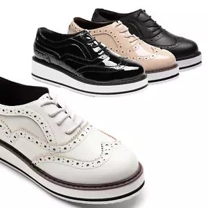 Women Wingtip Oxford Shoes Platform Wedge Heel Round Toe Lace Up Dress Shoes - Picture 1 of 30