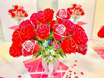 Origami Pop Cards Red & Pink Rose Bouquet Pop Up Greeting Card Happy Anniversary - Image 1 of 4