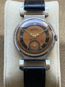 Vintage Mens Watch Technos Art Deco Mid Size Case Swivel Lugs Bullseye Read Info - Picture 1 of 7