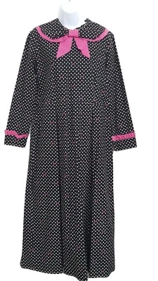 Vintage Style Handmade Polka Dot Maxi Dress L Black Pink Trim Long Sleeve Zip - Image 1 of 4