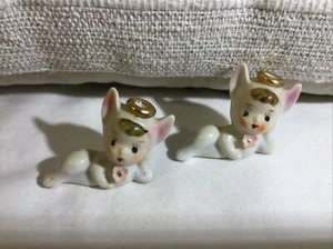 2 VTG Girl Angel Laying Figurines  Flower Gold Halo Made in Japan Very Rare 2in - Picture 1 of 20