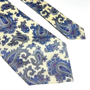Harvé Benard Tie 100% Silk 57" Mens Yellow with Blue Paisley Neck Tie - Picture 1 of 3