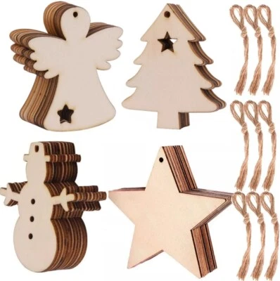 JUNHAO-SHOP 40pcs MDF Wooden Blank Craft Christmas Tree Xmas Hanging Baubles Decor Gift DIY