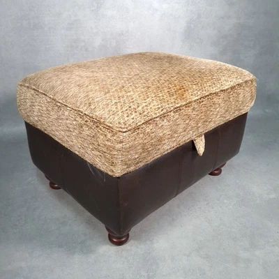 DFS Perez Brown Faux Leather & Chenille Storage Ottoman Footstool Pouffe UK Made - Image 1 of 4