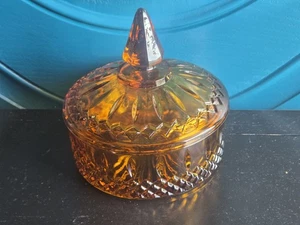 Vintage Indiana Glass Princess Pattern Honey Amber Candy Dish with Spikey Lid. - Picture 1 of 24