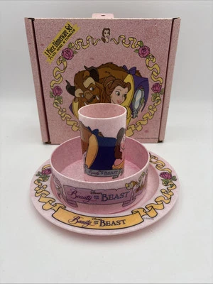 Conjunto de louça vintage Disney Beauty and the Beast 3 peças prato tigela e copo - Imagem 1 de 4