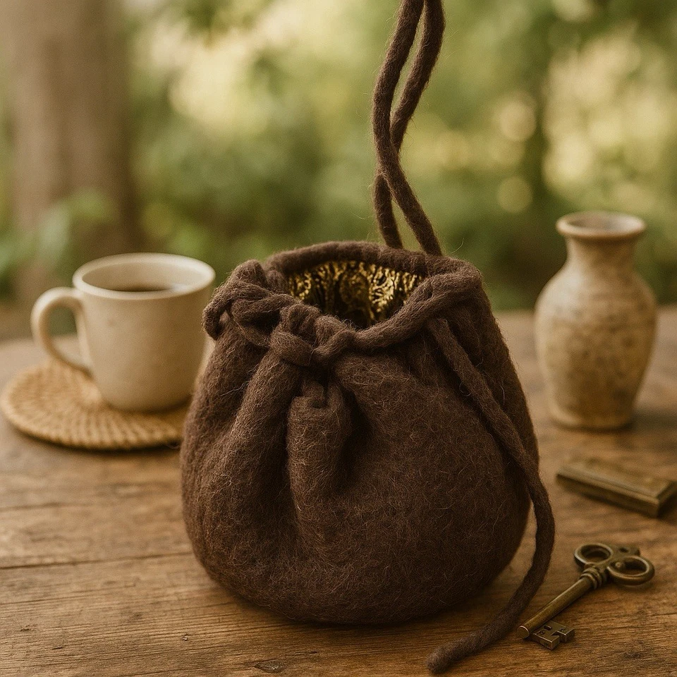 Bolso de Hombro Hecho a Mano de Fieltro Lana con Cordón con Forro Dorado Satinado Boho Artesano Foto 1 de 4