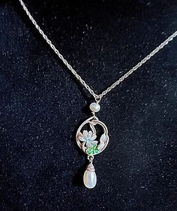 Vintage Art Nouveau Style Sterling Silver Pearl Enamel Pendant Necklace - Picture 1 of 8