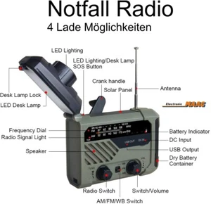 Kurbelradio Batteriefreies Solar- & Dynamo-Koffer-Radio mit LED-Lampe Notfall - Bild 1 von 12