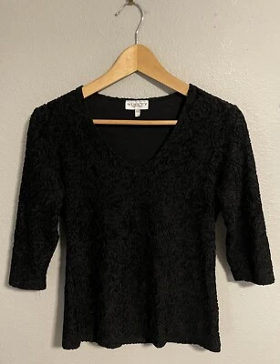 Vintage Women Top Petite Medium Black Floral Velvet Burnout Stretch Whimsigoth - Image 1 of 4