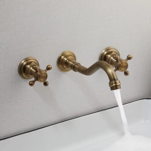Grifo mezclador de lavabo montado en la pared con asas dobles para grifo de baño de latón antiguo de 3 piezas - Imagen 1 de 11