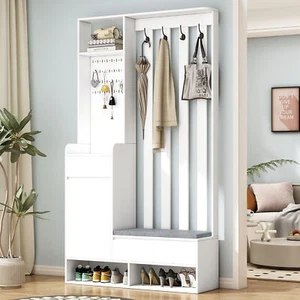 FUNIDEE Entryway Hall Tree with Cushioned Storage Bench Shoe Cabinet Coat Rack - Picture 1 of 10