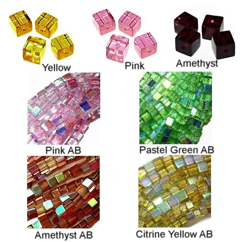 WHOLESALE GLASS BEADS SQUARE CUBE 6 COLORS GREEN AB PINK AB YELLOW AB 6MM OR 4MM - Image 1 of 1
