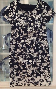 Talbots Black + White Floral Print Short Sleeve High WaistA-Line Dress Sz 10 EUC - Picture 1 of 6