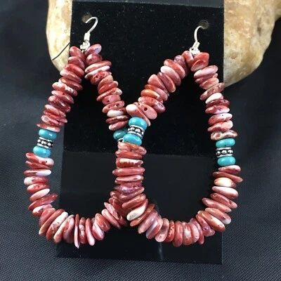 Turquoise & Spiny Oyster Navajo Sterling Silver Earrings 2.25" 01967 - Image 1 of 4