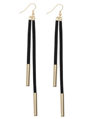 CHIC & SEXY Lightweight Black Suede Cords Hollow Gold Bars Drop Dangle Earrings - Image 1 of 4