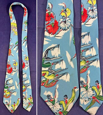 Corbata estampada bailarina bailarina bailarina vintage de seda azul bebé años 40 Foto 1 de 2