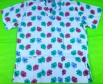 Carol's Scrubs light blue chicks hearts print unisex 2 pocket scrub top size L - Image 1 of 4