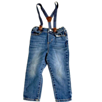 OshKosh B'Gosh Baby Boy 18-24 Month Dark Wash Denim Jeans Blue Suspenders - Image 1 of 4