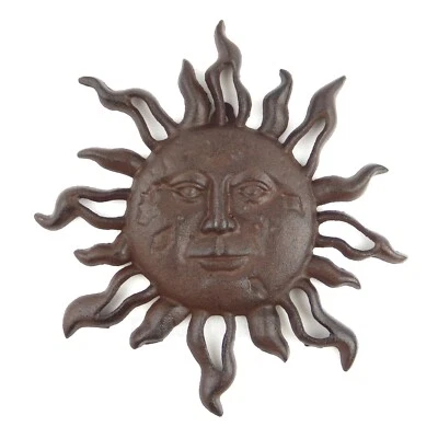 Cast Iron Sun Face Rays Wall Decor Heavy Duty Rustic Antique Brown Patina - Image 1 of 3