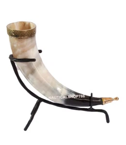 Real Viking Drinking Horn Mug For Beer Wine Ale, Mead Food Safe With Iron Stand - Picture 1 of 4