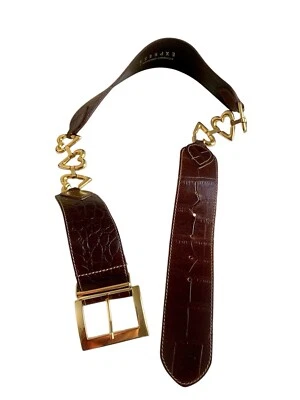 Express Brown Genuine Leather Embossed Gold Tone Hearts Made In Italy Belt L - Image 1 of 4