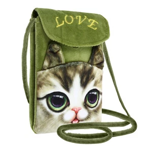 Cross Body Phone Pouch Fabric Green Cat Design - Picture 1 of 6