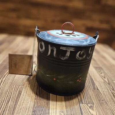 Vintage Primitive Metal Tin Pail Bucket By ANNA Schicket Painted Like A Snowman  - Image 1 of 4