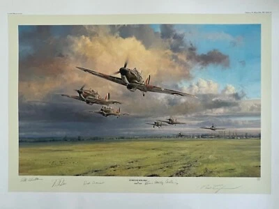Hurricane Scramble Robert Taylor Limited Edition Print Signed by 4 RAF BoB Aces - Image 1 of 4