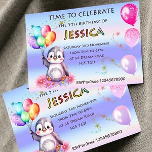 Pinguino personalizzato inviti festa di compleanno ragazze A6 x10 - Foto 1 di 5