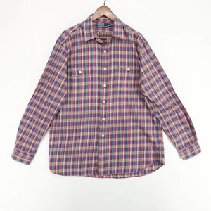 Polo Ralph Lauren Shirt Mens Large Red Blue Plaid Long Sleeve Elbow Patches - Picture 1 of 7