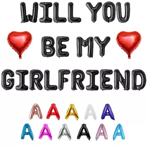 Will You Be My Girlfriend Letter Balloons Banner with Two 18" Heart Balloons - Picture 1 of 7