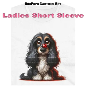 DigiPups Afghan Hound Dog Breed Red Ladybug On Nose Cartoon Ladies T Shirt - Picture 1 of 4