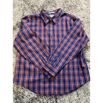 LL Bean Shirt Women XL Regular Blue Plaid Wrinkle Free Button Up 3/4 Sleeves - Image 1 of 3