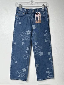 Levis Butterfly Wide Leg Jeans Girls Size 10 Blue Floral Relaxed Fit School New - Picture 1 of 17