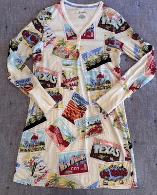 Camisola Nick & Nora cartão postal pijama camisa de dormir feminina pequena 100% algodão - Imagem 1 de 4