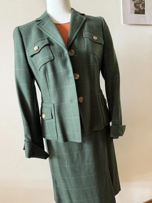 Gorgeous Akris Punto Wool Olive Windowpane Plaid Suit Jacket 8 Skirt 10 - Image 1 of 4