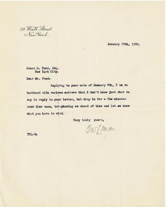 1920 BRIEF SIGNIERT von THOMAS W. LAMONT, Seniorpartner J.P. MORGAN an J.B. Pond - Bild 1 von 1