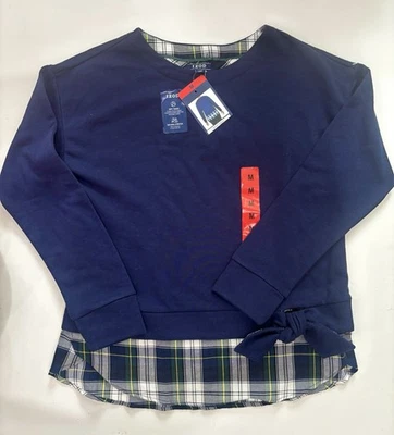 IZOD Womens Tie Front 2 Layer Top Blue Plaid Long Sleeve Layered Medium New - Image 1 of 3