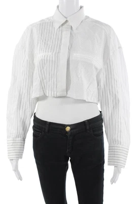 Zara Women Cropped Striped Button-Up Top White Long Sleeve Size S - Image 1 of 4