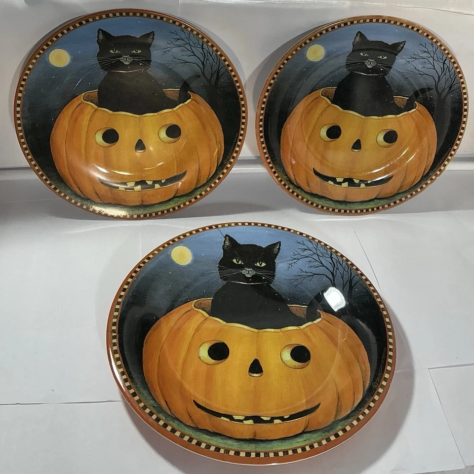 3 Sakura Evolution Melamine(Plastic)Halloween Plate Black Cat Moon 2-8.5”-1-9.25 Foto 1 de 4