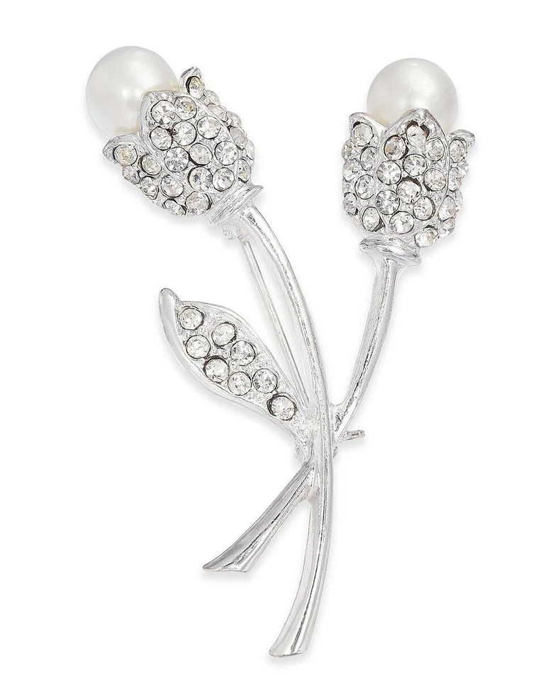 Charter Club Silver-tone Crystal & Kiska Pearl Tulip Pin Cl515