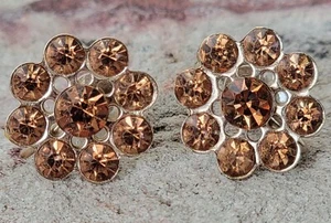 Vintage Rootbeer Rhinestone Flower Screwback Earrings 3/4" dia - Picture 1 of 5