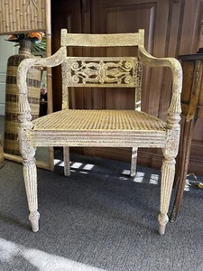 English Regency Style Cane Bottom Antiqued Crackle Paint Finish Armchair - Picture 1 of 19