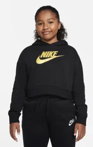 Nike NSW Girls Club Fleece Logo Pullover Hoodie Black Gold DC7672  SZ Large $45 - Picture 1 of 5