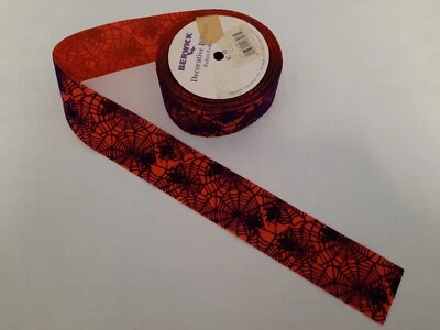 VTG Berwick Ribbon Halloween Spider & Spider Web 12+ Yards Orange Purple Flocked - Image 1 of 4