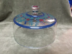 1996 Signed Gail Pittman Glass Cake Cover ONLY hand Painted Floral Design Blue - Picture 1 of 5