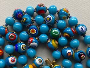 Vintage Jewellery Turquoise Millefiori Glass Bead Hand Knotted Necklace