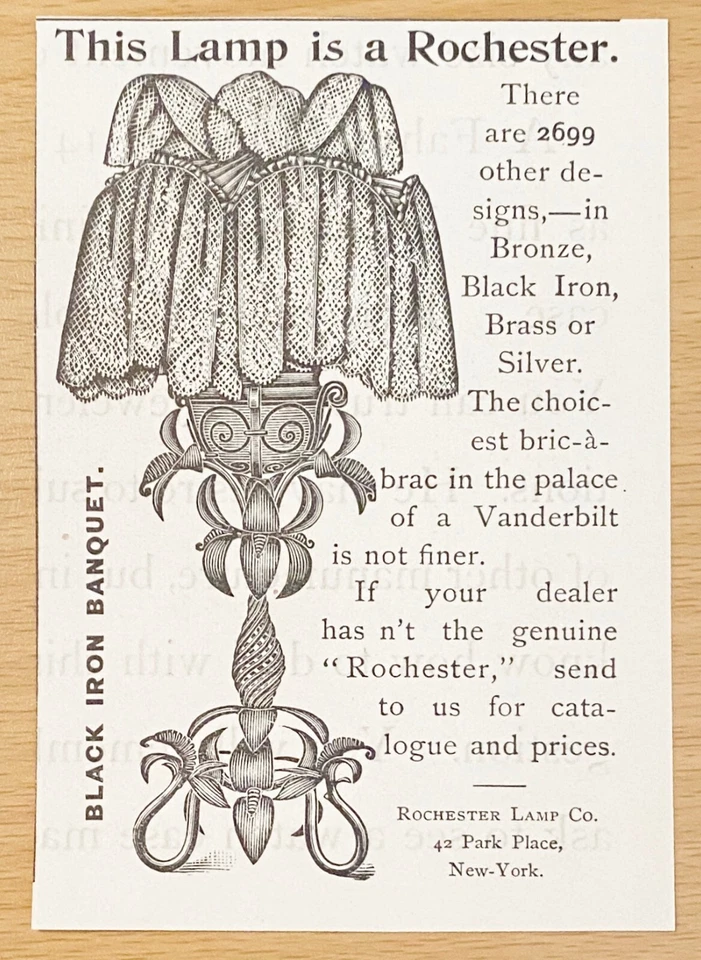 ROCHESTER Black Iron Banquet Lamp Antique 1893 NY Victorian Lighting Co Print Ad - Image 1 of 1